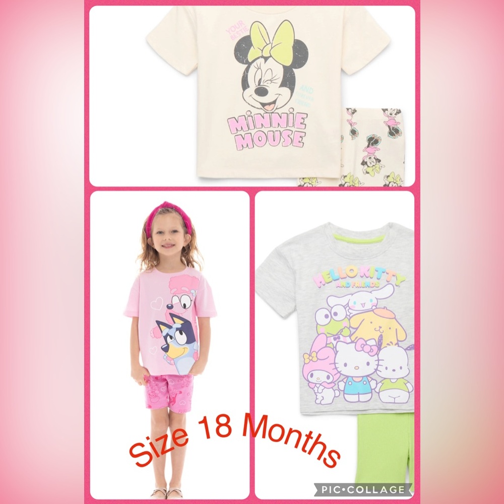 3 Sets of Minnie Mouse, Bluey and Hello Kitty Toddler Sets .